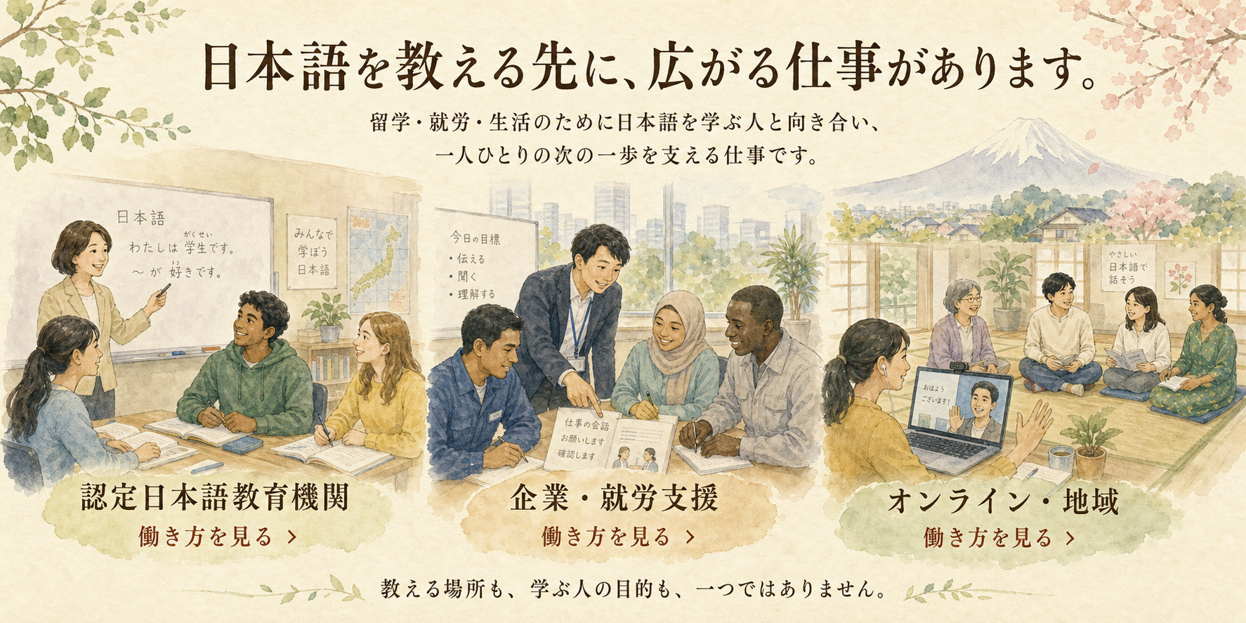 認定日本語教育機関、企業・就労支援、オンライン・地域で日本語を教える働き方を紹介する水彩ビジュアル。