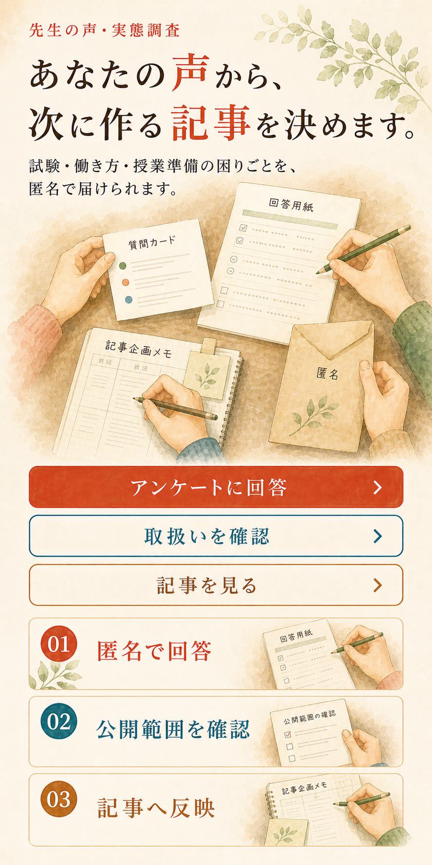 アンケートの回答と取扱いを縦に整理したスマートフォン向け水彩ビジュアル。