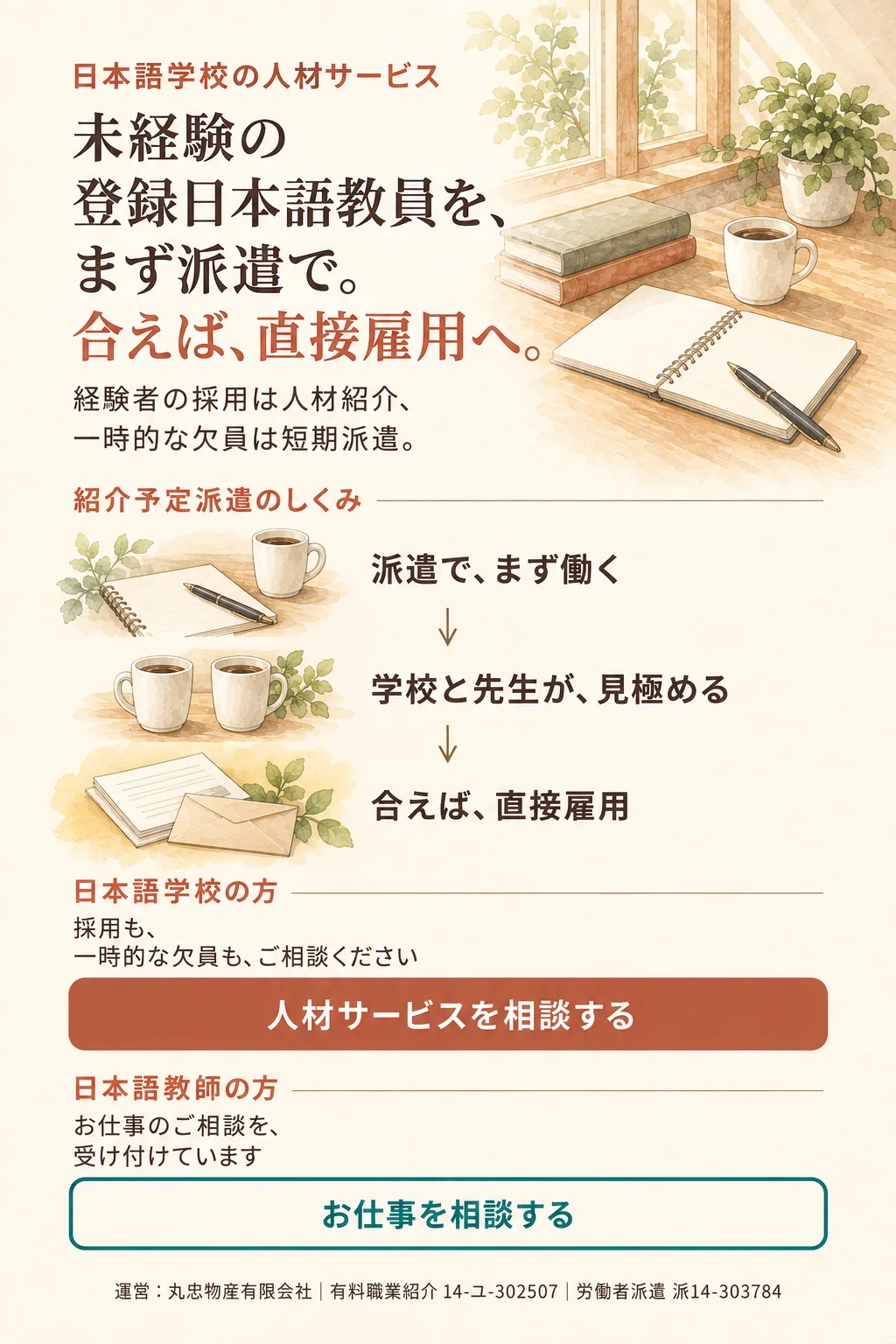 日本語学校の人材サービス。未経験の登録日本語教員を、まず派遣で。合えば、直接雇用へ。紹介予定派遣のしくみ：派遣で、まず働く。学校と先生が、見極める。合えば、直接雇用。経験者の採用は人材紹介、一時的な欠員は短期派遣。日本語学校の方は「人材サービスを相談する」、日本語教師の方は「お仕事を相談する」へ。