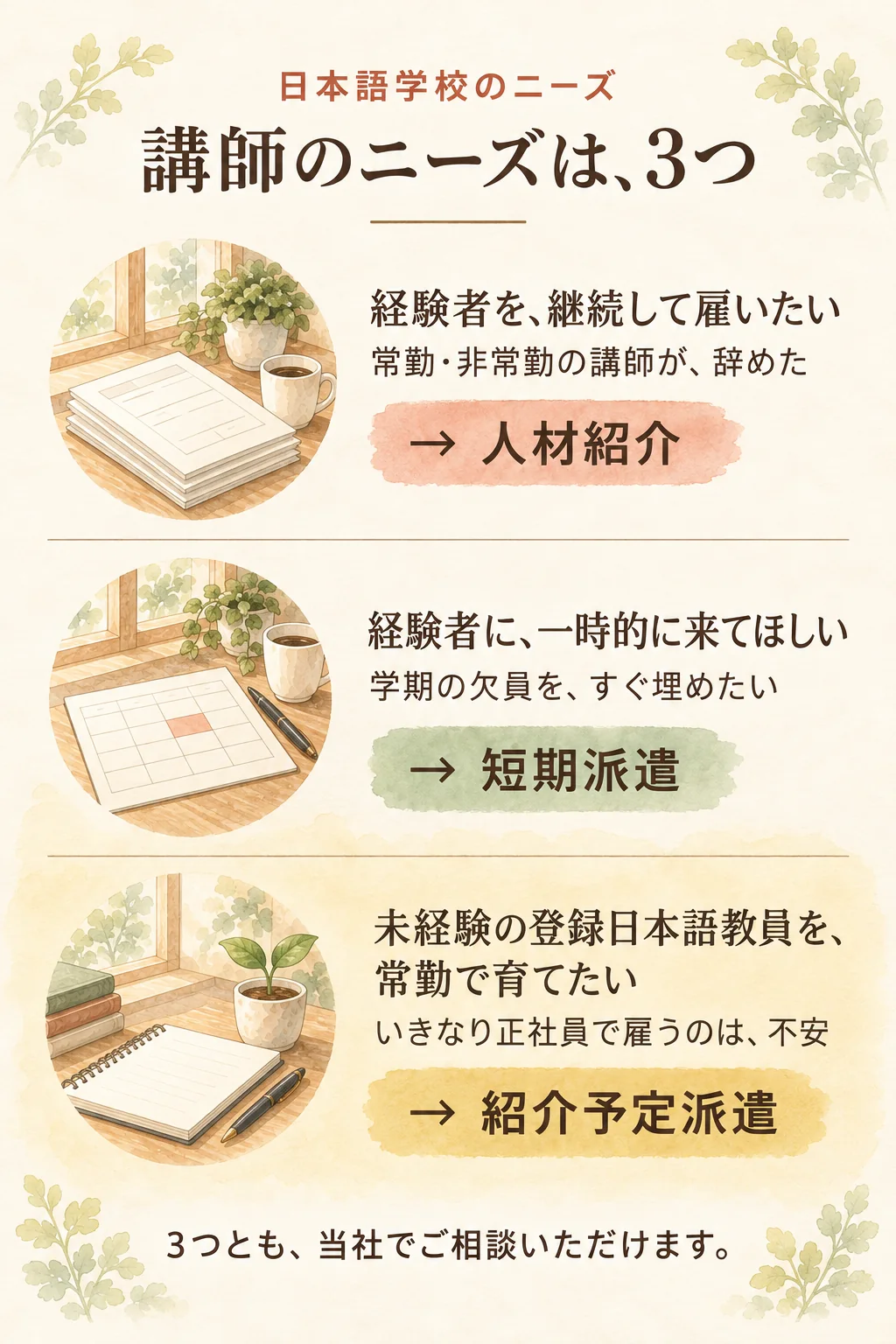 日本語学校のニーズ、講師のニーズは3つ。経験者を継続して雇いたい(常勤・非常勤の講師が辞めた)は人材紹介。経験者に一時的に来てほしい(学期の欠員をすぐ埋めたい)は短期派遣。未経験の登録日本語教員を常勤で育てたい(いきなり正社員で雇うのは不安)は紹介予定派遣。3つとも、当社でご相談いただけます。