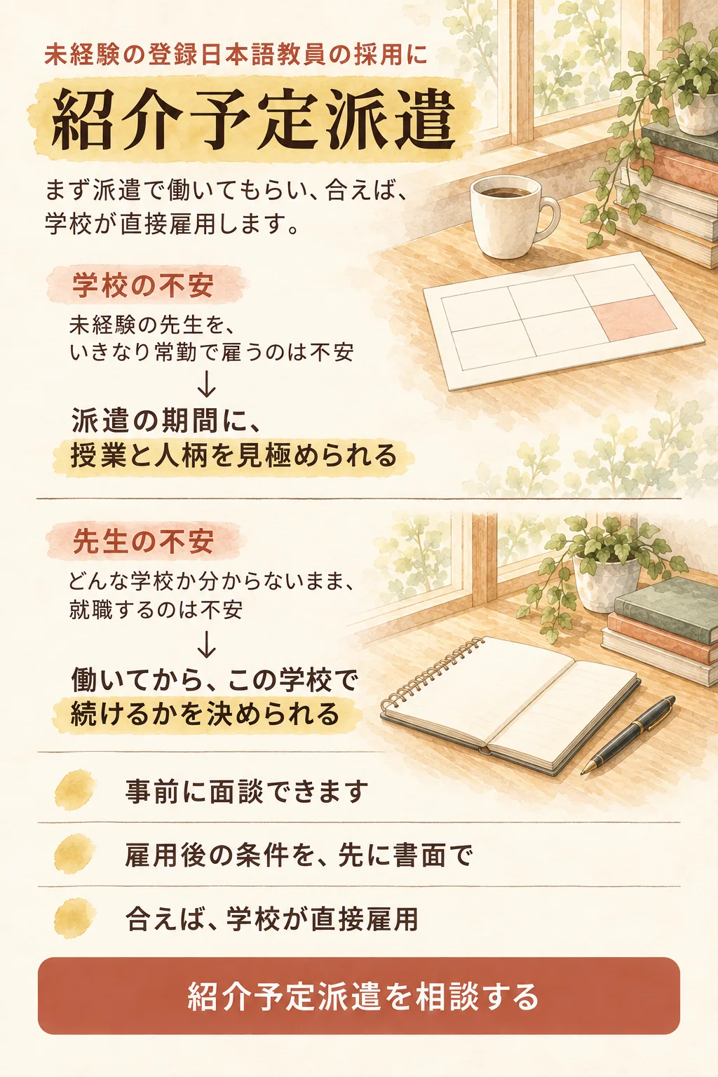 未経験の登録日本語教員の採用に、紹介予定派遣。まず派遣で働いてもらい、合えば、学校が直接雇用します。学校の不安：未経験の先生をいきなり常勤で雇うのは不安。派遣の期間に、授業と人柄を見極められる。先生の不安：どんな学校か分からないまま就職するのは不安。働いてから、この学校で続けるかを決められる。事前に面談できます。雇用後の条件を、先に書面で。合えば、学校が直接雇用。