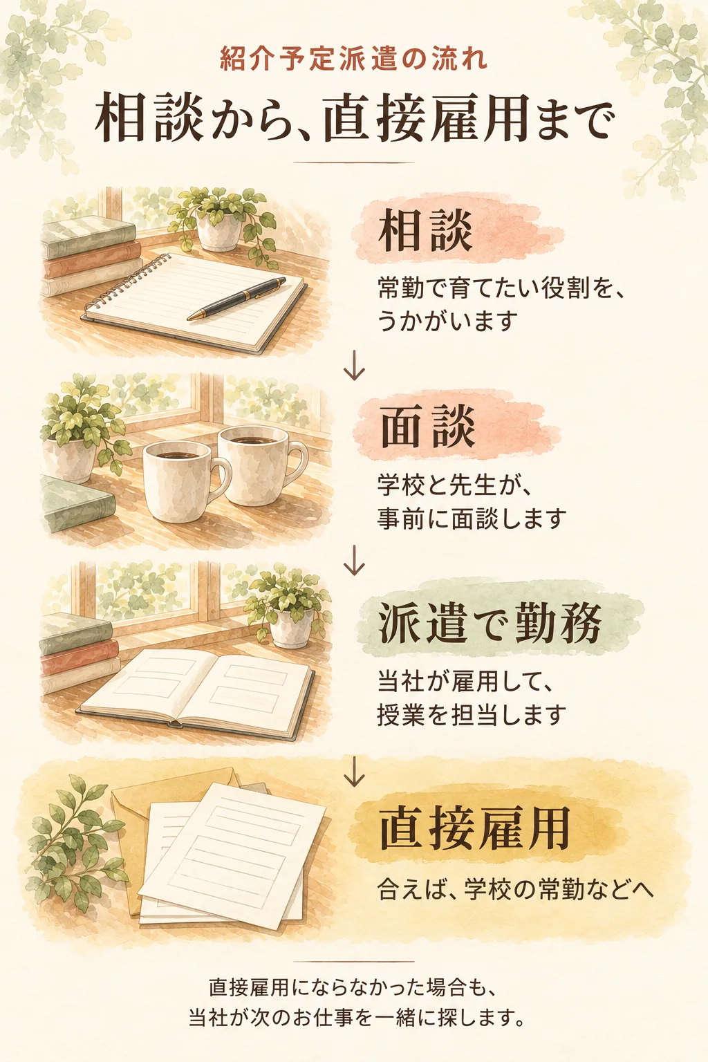 紹介予定派遣の流れ、相談から直接雇用まで。相談:常勤で育てたい役割をうかがいます。面談:学校と先生が事前に面談します。派遣で勤務:当社が雇用して授業を担当します。直接雇用:合えば、学校の常勤などへ。直接雇用にならなかった場合も、当社が次のお仕事を一緒に探します。