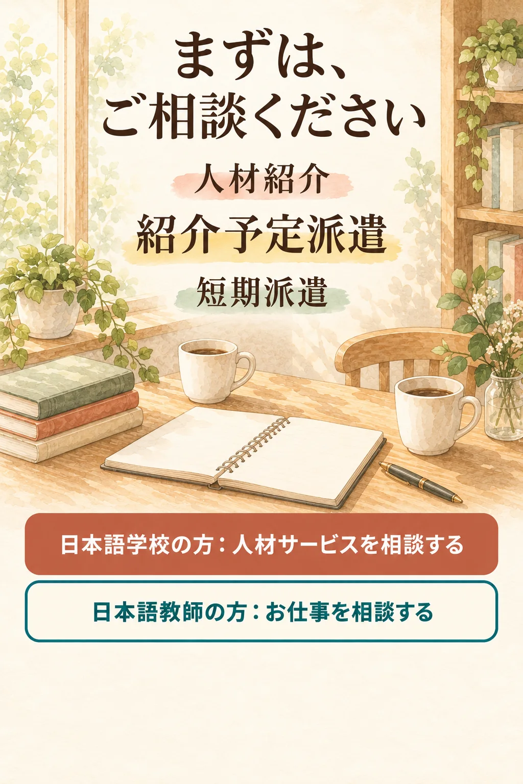 まずは、ご相談ください。人材紹介、紹介予定派遣、短期派遣。日本語学校の方は「人材サービスを相談する」、日本語教師の方は「お仕事を相談する」へ。