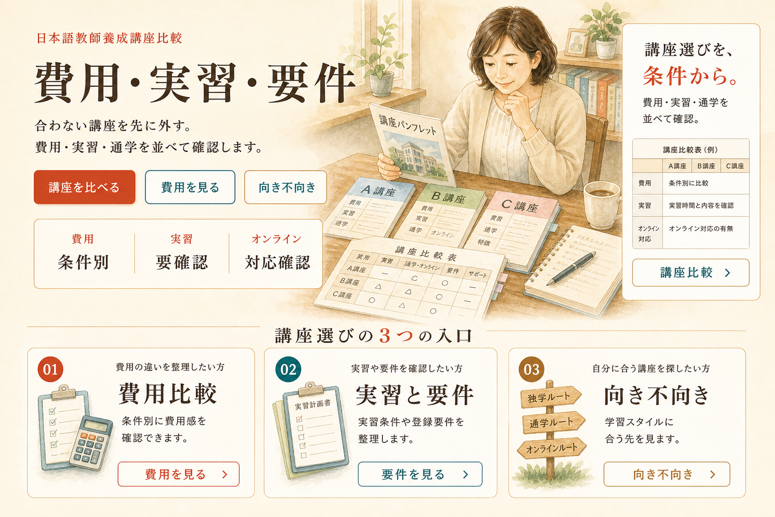 日本語教師養成講座比較ページ向けに、費用、実習、要件、講座選びの3つの入口を大人向け比較デスクとして整理した一枚絵。