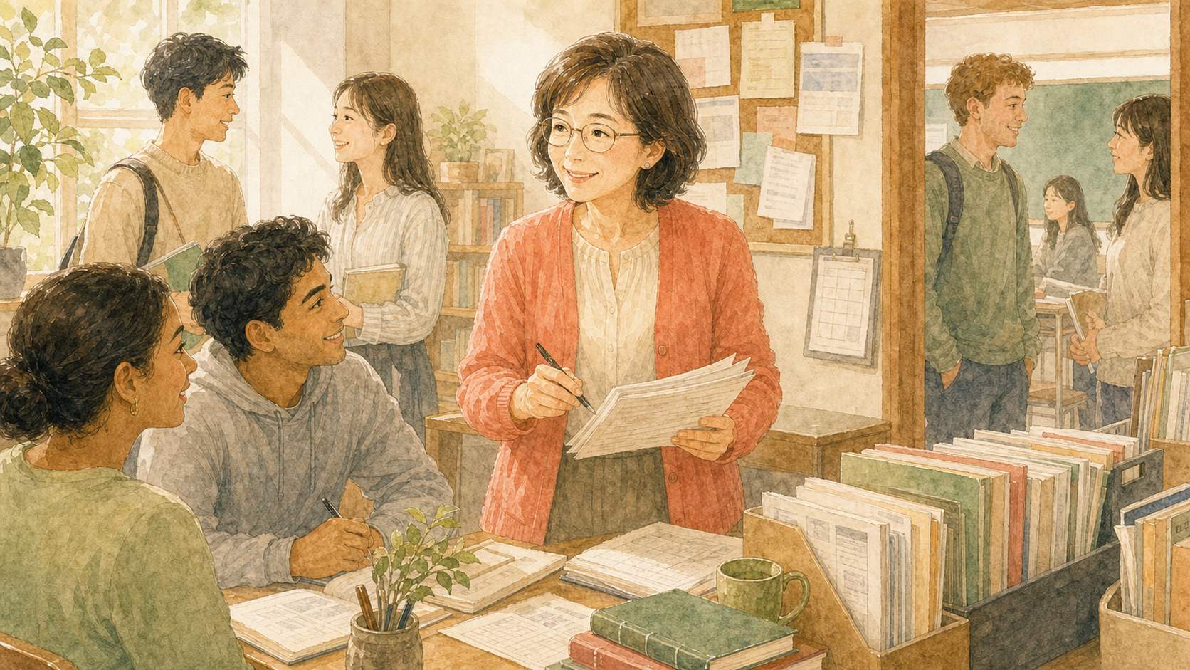 中高年の日本語教師が、日本語学校で成人学習者や同僚と関わりながら働いている水彩ビジュアル。